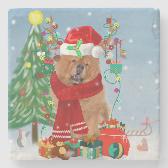 Chow Chow Dog in Snow with Christmas Gifts  Stone Coaster (Front)