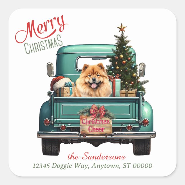 Chow Chow Dog Retro Truck Christmas Square Sticker (Front)