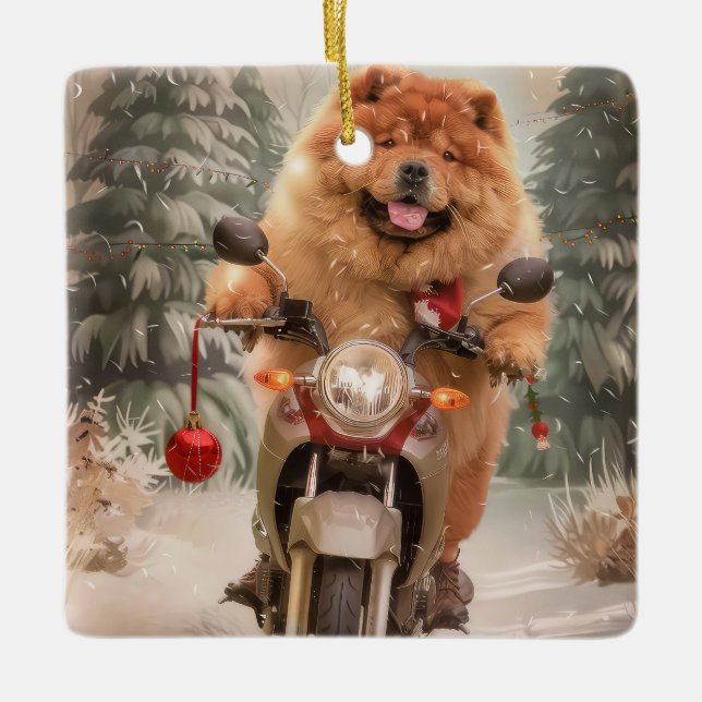 Chow Chow Dog Riding Motorcycle Christmas Ceramic Ornament (Front)