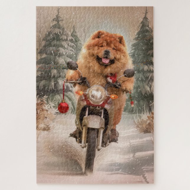 Chow Chow Dog Riding Motorcycle Christmas Jigsaw Puzzle (Vertical)