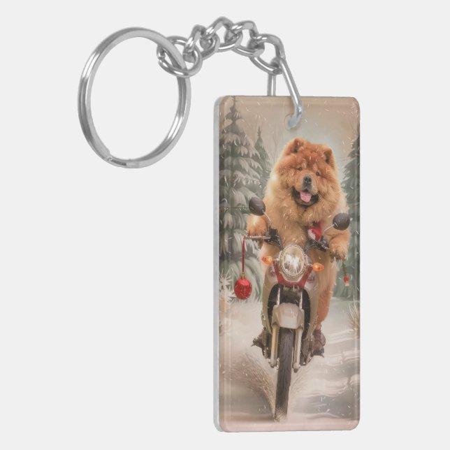 Chow Chow Dog Riding Motorcycle Christmas Key Ring (Front Left)