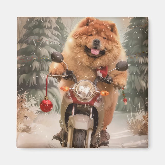 Chow Chow Dog Riding Motorcycle Christmas Magnet (Front)