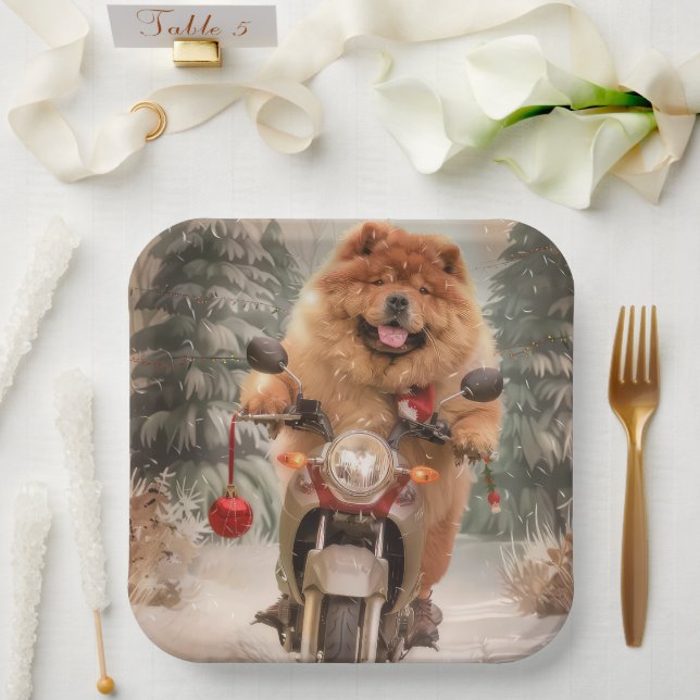 Chow Chow Dog Riding Motorcycle Christmas Paper Plate (Wedding)