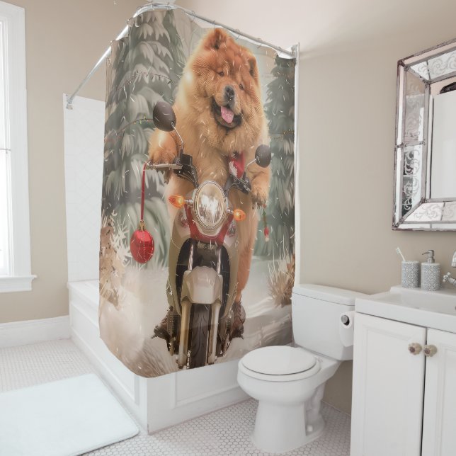 Chow Chow Dog Riding Motorcycle Christmas Shower Curtain (In Situ)