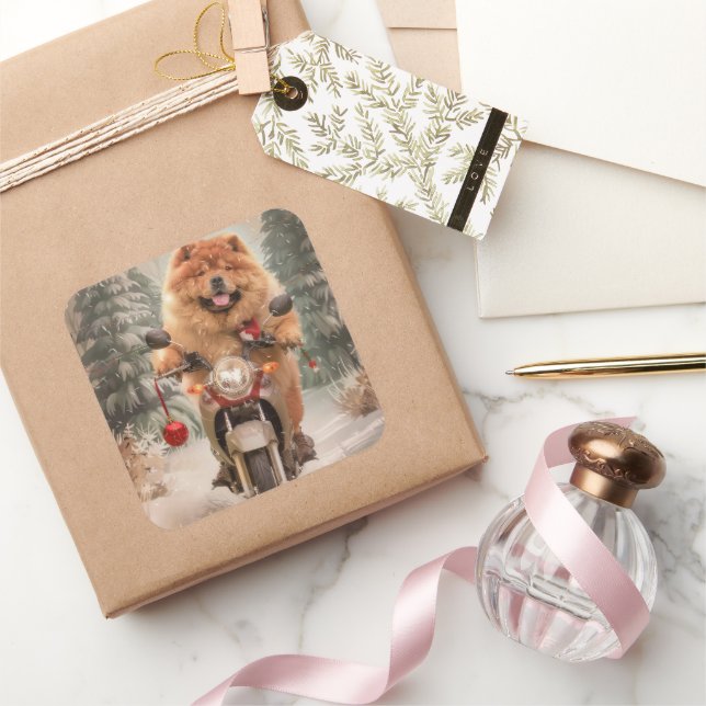 Chow Chow Dog Riding Motorcycle Christmas Square Sticker (Gifting)