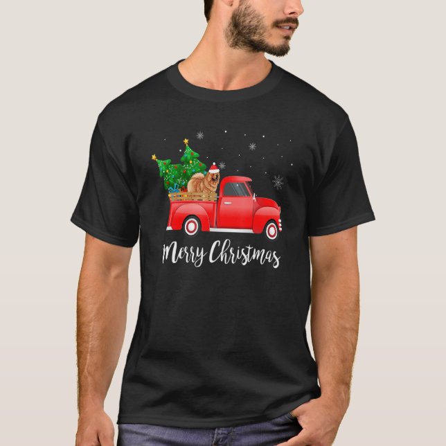 Chow Chow Dog Riding Red Truck Christmas T-Shirt (Front)