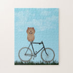 Chow Chow Dog Sitting on Vintage Bicycle Jigsaw Puzzle<br><div class="desc">Puzzle featuring an adorable Chow Chow sitting on an old-fashioned bicycle on a blue summer day.</div>
