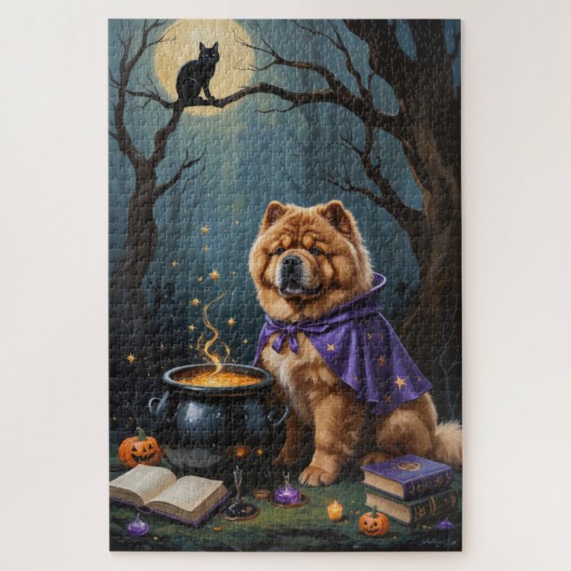 Chow Chow Dog Whimsical Halloween Painting Jigsaw Puzzle (Vertical)