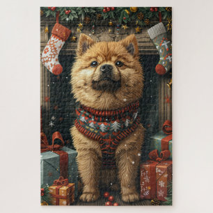 Chow Chow Dog With Christmas Gifts Fireplace Jigsaw Puzzle