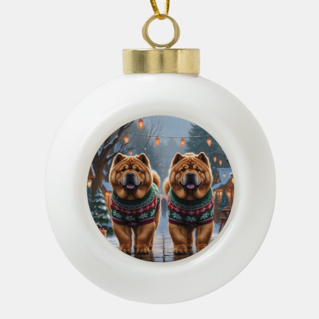 Chow Chow Dogs Christmas Snow Holiday  Ceramic Ball Christmas Ornament (Front)