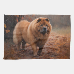 Chow Chow in Autumn Leaves Fall Inspire  Tea Towel