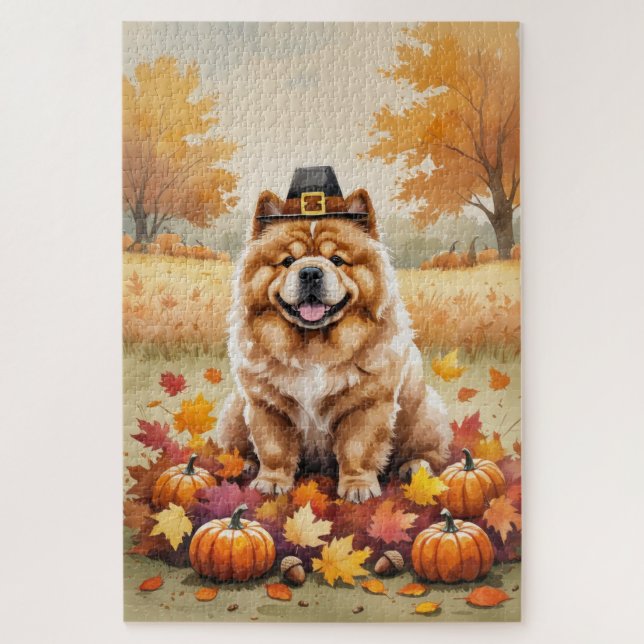 Chow Chow In Autumn Leaves Thanksgiving Art Jigsaw Puzzle (Vertical)