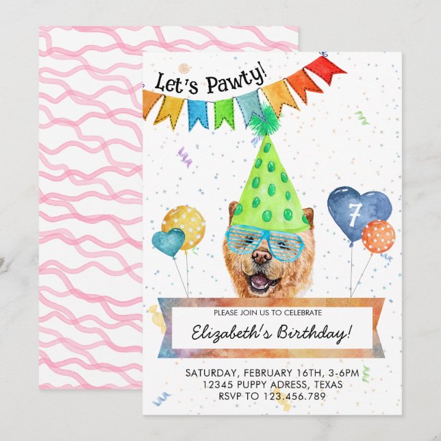 Chow Chow Lets Pawty Dog Birthday Party Invitation (Front/Back)