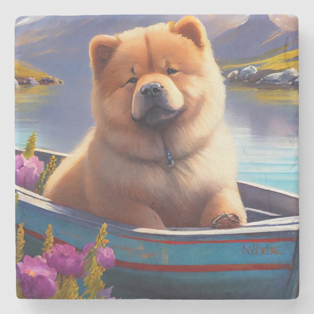 Chow Chow on a Paddle: A Scenic Adventure Stone Coaster (Front)