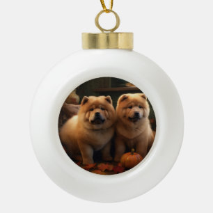 Chow Chow Puppy Autumn Delight Pumpkin Ceramic Ball Christmas Ornament