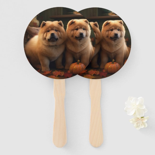 Chow Chow Puppy Autumn Delight Pumpkin Hand Fan (Front and Back)