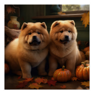 Chow Chow Puppy Autumn Delight Pumpkin Poster