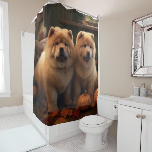 Chow Chow Puppy Autumn Delight Pumpkin Shower Curtain (In Situ)