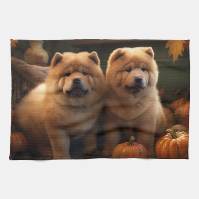 Chow Chow Puppy Autumn Delight Pumpkin Tea Towel (Horizontal)