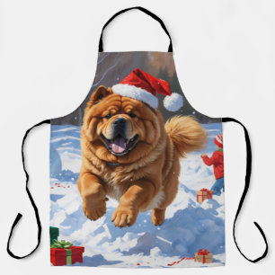 Chow Chow Running in Snow with Christmas Hat Apron
