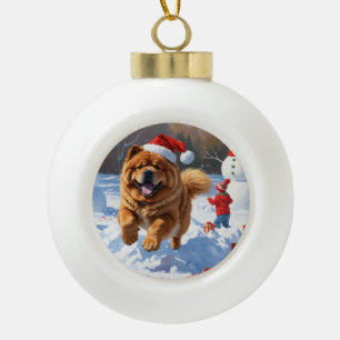 Chow Chow Running in Snow with Christmas Hat Ceramic Ball Christmas Ornament