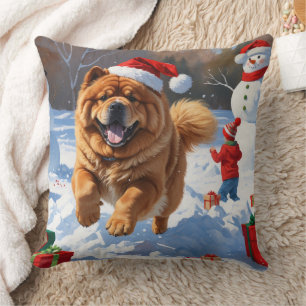 Chow Chow Running in Snow with Christmas Hat Cushion