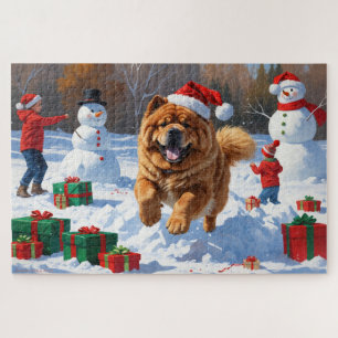 Chow Chow Running in Snow with Christmas Hat Jigsaw Puzzle