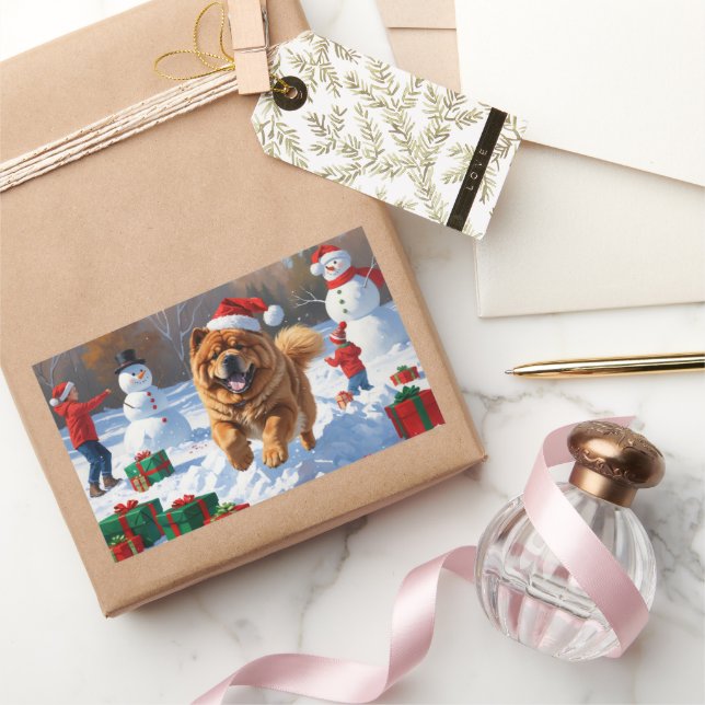 Chow Chow Running in Snow with Christmas Hat Rectangular Sticker (Gifting)