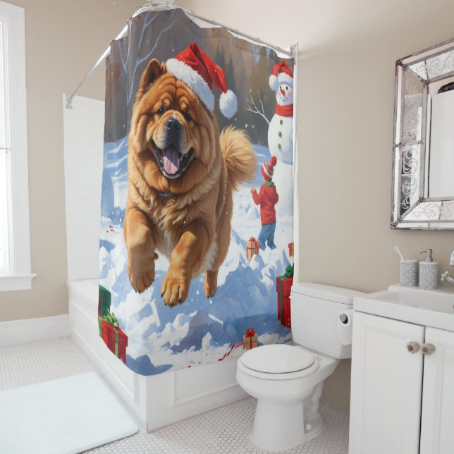 Chow Chow Running in Snow with Christmas Hat Shower Curtain (In Situ)