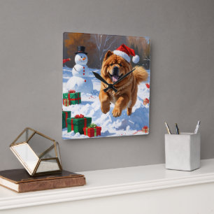 Chow Chow Running in Snow with Christmas Hat Square Wall Clock