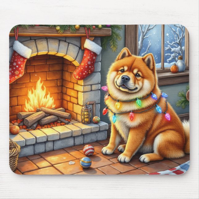 Chow Chow Sitting Fireplace with Christmas Lights Mouse Pad (Front)