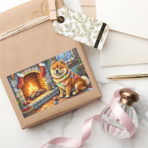 Chow Chow Sitting Fireplace with Christmas Lights Rectangular Sticker