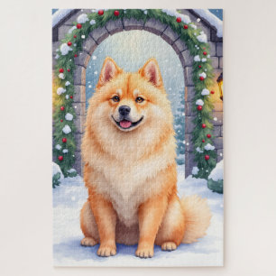 Chow Chow Snowy Stone Courtyard Christmas Art Jigsaw Puzzle