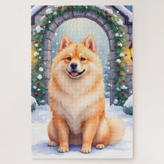 Chow Chow Snowy Stone Courtyard Christmas Art Jigsaw Puzzle (Vertical)