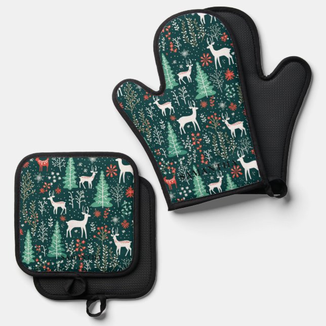 Chrestmas Theme Pattern Deer & Trees Oven Mitt & Pot Holder Set (Front/Back)