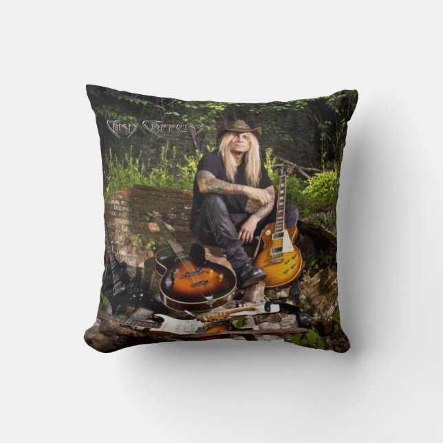 Chris Caffery Sitting with Guitars Throw Pillow (Front)