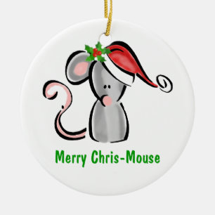 Chris Mouse with Santa Hat & Holly Ceramic Ornament