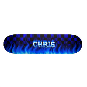 Chris skateboard blue fire and flames design