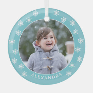 Chrismas Snowflakes Custom Name Blue Photo Glass Tree Decoration