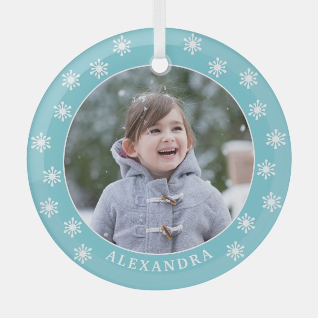 Chrismas Snowflakes Custom Name Blue Photo Glass Tree Decoration (Front)