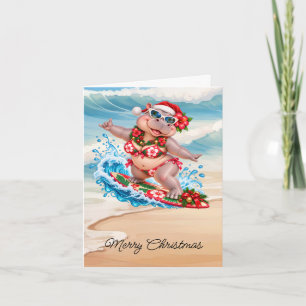 Chrismas Surfing Hippo Bikini on surf board Holiday Card