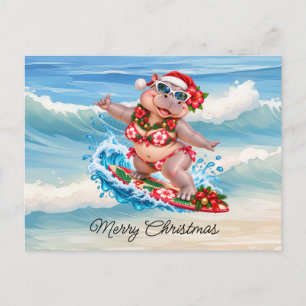 Chrismas Surfing Hippo Bikini on surf board Holiday Postcard