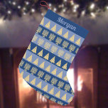 Chrismukkah Gold Menorah Tree Stripes Pattern Small Christmas Stocking<br><div class="desc">Personalise this Chrismukkah stocking in a fun stripes pattern of two shades of blue and gold Menorah and Christmas trees for a one of a kind holiday gift. Add a name or clear/delete to erase the text if you prefer a plain stocking. Both the gold tree and gold Menorah graphics...</div>