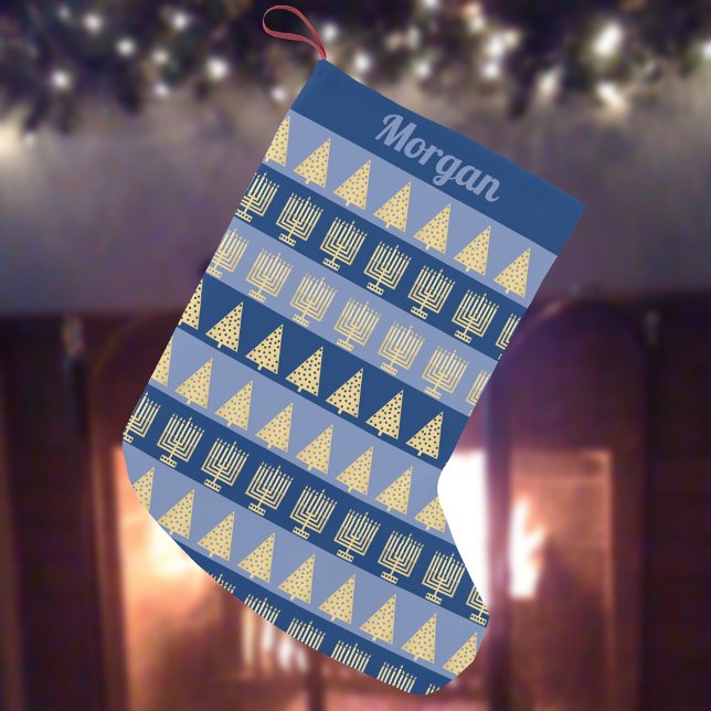 Chrismukkah Gold Menorah Tree Stripes Pattern Small Christmas Stocking (Add your child's name to this fun interfaith holidays Hanukkah Christmas stocking)