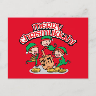 Chrismukkah greeting card with elves and dreidels