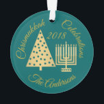 Chrismukkah Hanukkah Christmas Gold Teal Elegant Ornament<br><div class="desc">Designed for inter-faith families, this custom gold and teal CHRISMUKKAH CELEBRATIONS ornament has room for your family name and a year (optional) for a truly unique holiday keepsake. My modern style gold Christmas Tree and Hanukkah Menorah designs feature a polka-dot motif on the simple graphics for a bit of fun....</div>