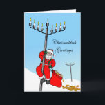Chrismukkah, Interfaith Holiday, Santa and Menorah Holiday Card<br><div class="desc">Chrismukkah Greetings! Santa Claus climbs up a menorah in the shape of a light pole / streetlight. His gift bag is filled with gelt and dreidels. Some of the gelt has fallen out on the snow. Celebrate Hanukkah and Christmas with this interfaith greeting card. Santa element courtesy of JohnnyAutomatic/Openclipart. Image...</div>