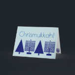 Chrismukkah Navy Blue Holiday Add Your Photo<br><div class="desc">Add your favourite family photo to the inside of this charming Chrismukkah holiday card in navy blue on pastel blue. This elegant modern greeting card is designed for blended families who celebrate both Hanukkah and Christmas. The dark navy blue images of a Hanukkah Menorah and a Christmas Tree are repeated...</div>