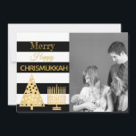 Chrismukkah Photo Black And White Stripes Gold Holiday Card<br><div class="desc">Add your photo to this fun Chrismukkah holiday card in a modern style of black and white stripes with gold accents for Christmas and Hanukkah combined. Merry Happy Chrismukkah! Replace the place holder photograph with your own family photo for a unique personalised card. The gold polka dots Christmas Tree and...</div>
