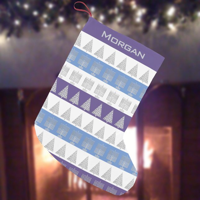 Chrismukkah Silver Menorah Tree Stripes Pattern Small Christmas Stocking (Celebrate interfaith holidays with these blue purple and white Christmas and Hanukkah stockings)